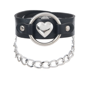 Punk black leather wristband featuring a silver heart ring and hanging metal chain