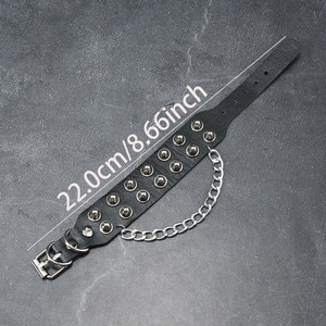 Men's gothic punk leather bracelet with double silver rivets and metal chain detail