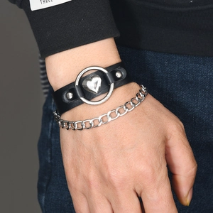Punk leather bracelet set with silver heart charm and metal rivets for men and women