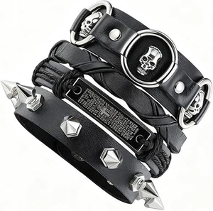 Punk Rock Cuir Tête de Mort Bracelet Ensemble Pour Hommes Femmes Multicouche Corde Tressée Croix Écriture Plaque Métallique Bijoux