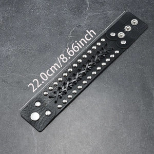 Men's retro punk black leather bracelet with silver rivets and braided rope details