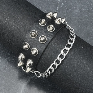 Men's punk gothic black PU leather bracelet with silver metal studs and chain detail