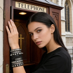 Bracciale multistrato in pelle punk con borchie in metallo, catene e ciondoli a croce
