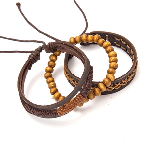 Retro handmade punk bracelets set with brown leather straps and wooden beads