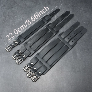 Three punk black leather bracelets in varied widths with silver buckles, length 22cm