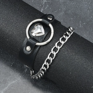 Punk black leather multi-layer bracelet with silver chain and heart charm detail