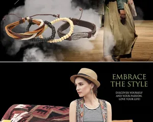 Detail of bohemian wing charm bracelets featuring woven leather and wooden beads set