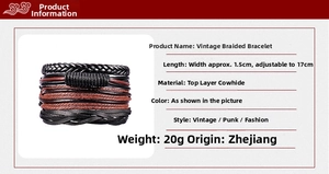 Dettaglio del bracciale in pelle intrecciata con specifiche di misura e trama in vera pelle