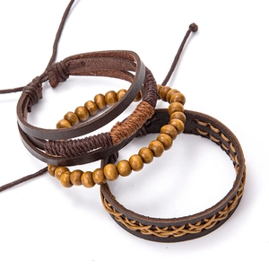 Men's 4-piece set of punk vintage leather bracelets with wood beads and woven ropes