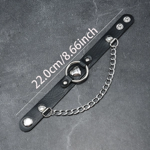Punk black leather bracelet with silver heart charm and metal chain, 22cm length