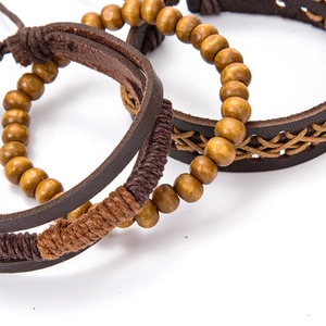 Men's retro leather and wooden bead multi-layer woven bracelet set in earthy tones