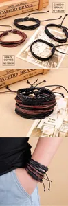 Dettaglio del set di bracciali in pelle intrecciata retrò multistrato per uomini