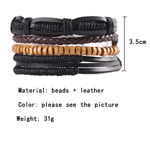 Detail of multi-layer leather bracelet set with wooden beads and woven cords 3.5cm wide