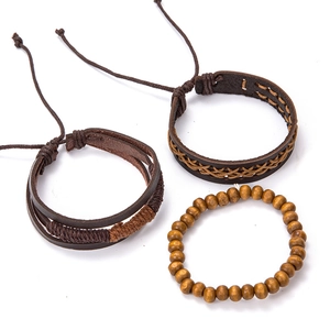 Three-piece punk style set with brown braided leather bracelets and wooden bead wristband