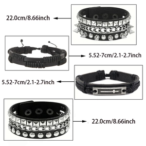 Set di bracciali punk multistrato da uomo con ciondolo a croce e borchie in metallo