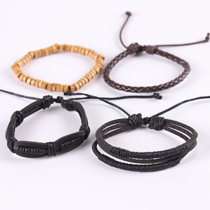 Multilayer men's vintage woven leather and wooden bead bracelet set with adjustable cord