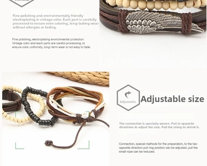 Detail view of multi-layer braided leather bracelet with wing charm and wooden beads