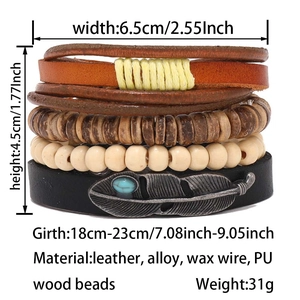 Detail view of multi-layer leather bracelet with wooden beads and feather charm specs