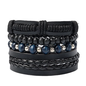 Vintage Multi-layer Braided Leather Beaded Bracelets For Men Women Handmade Wood Bead Alloy Charm Punk Bohemian Jewelry