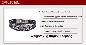 Detail of sunflower metal charm on multilayer retro braided cowhide leather bracelet