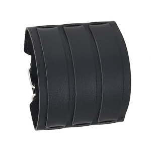 Men's punk style wide black leather wristband bracelet with triple layered stripes