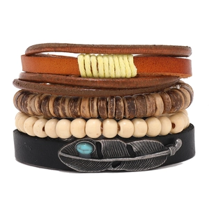 Men Vintage Multilayer Leather Bracelet Set Bohemian Ethnic Handmade Feather Wood Bead Adjustable Bracelet Jewelry Accessory Gift