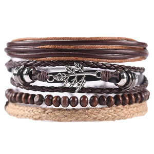 Retro Multilayer Braided Leather Bracelet Ethnic Bohemian Style With Metal Leaf Pendant Wood Beads Fashion Wristband Jewelry