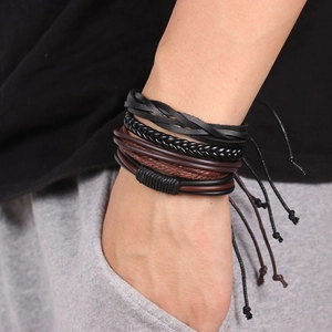 Set bracciale in pelle vintage multistrato da uomo con corde intrecciate e regolabili