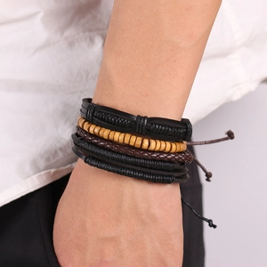 Retro multi-layer braided leather bracelet set with wood beads and adjustable cord