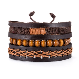 Vintage Multi-Layer Handmade Woven Leather Bracelet For Men Women Cowhide PU Alloy Wood Bead Retro Punk Adjustable Jewelry