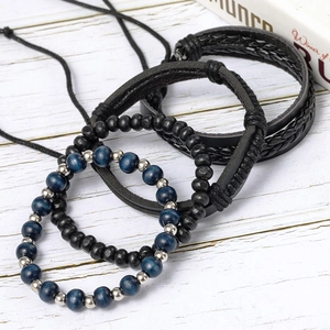 Retro multi-layer beaded bracelet set with braided leather and blue wooden beads
