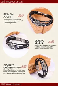 Detail of vintage multilayer braided leather bracelet with sunflower charm and wooden beads