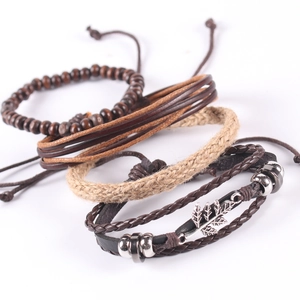 Multilayer bohemian maple leaf leather bracelet with wooden beads and woven ropes