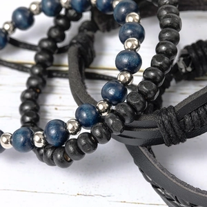 Multilayer stacked bracelet set featuring blue wood beads and braided leather cords