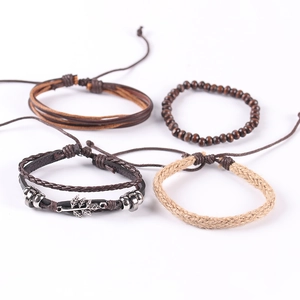 Retro multi-layer leather bracelet set with maple leaf charm and wooden beads