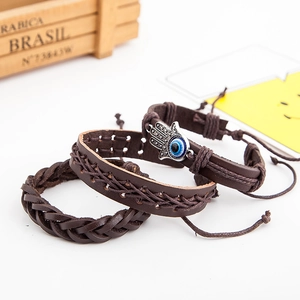 3-piece vintage brown leather bracelet set with Hamsa Hand and Evil Eye charms