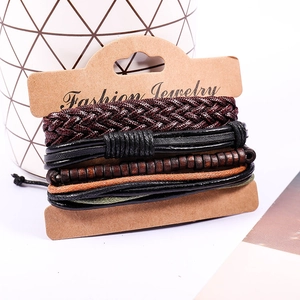 Vintage multi-layer braided leather bracelet set with wooden beads on display card