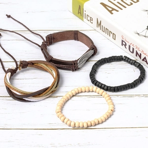 Men's 4-piece vintage bracelet set with leather wrap, wooden beads and silver wing charm