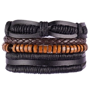 Multi-layer vintage braided leather and wooden bead bracelet set for men and women