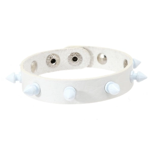Close-up of a punk white spiked leather bracelet featuring silver metal snap buttons