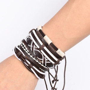Punk style multilayer brown and white leather woven bracelet set for men and women