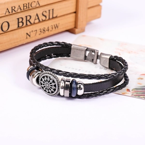 Vintage sunflower alloy and multilayer black braided leather bracelet for men with metal charms