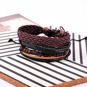 Men's multilayer leather bracelet set with brown braided rope and vintage wooden beads