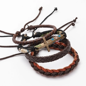 Vintage multilayer woven leather bracelet set with cross charm and adjustable rope