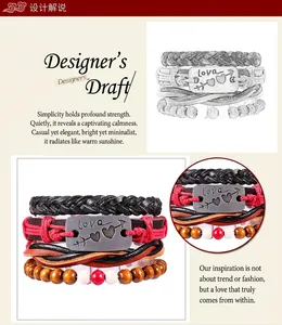 Macro shot of multi-layer leather bracelet detail with Love charm and wooden beads