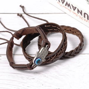 Three-piece leather Hamsa Hand bracelet set with Turkish Evil Eye in vintage style