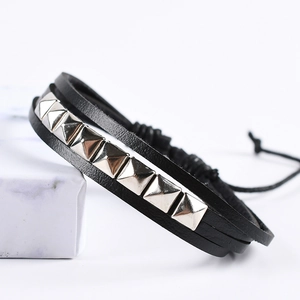 Men's punk braided leather multi-layer bracelet with silver pyramid studs and cord