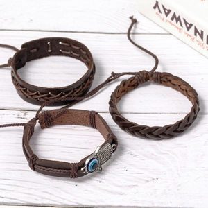 Three-piece brown leather bracelet set with silver Hamsa hand and blue evil eye charm