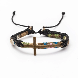 Bohemian braided multi-layer rope bracelet with bronze cross charm and adjustable knot