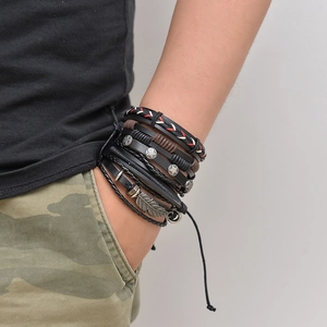 Vintage multi-layer leather punk bracelet with star rivets and feather charms